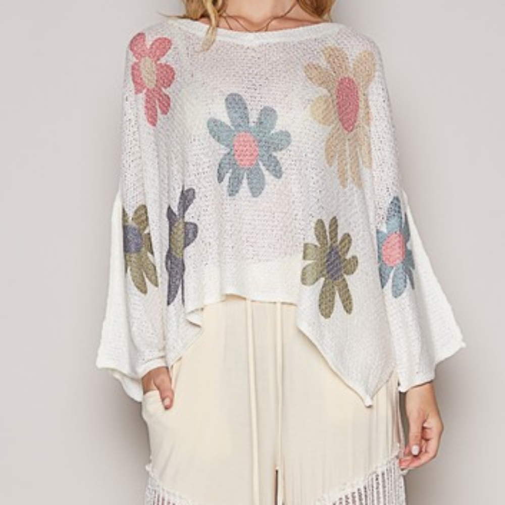 POL Daisy Retro Color Contrast Flower Top Oversized Shirt Pullover Knit Sweater - Picture 2 of 11